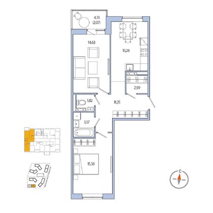62,5 м², 2-комн. квартира, 2/8 этаж