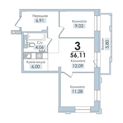 Продажа 3-комнатной квартиры 56 м², 2/10 этаж