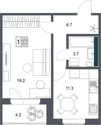 43 м², 1-комн. квартира, 2/20 этаж