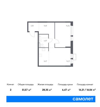 51,6 м², 1-комн. квартира, 10/17 этаж