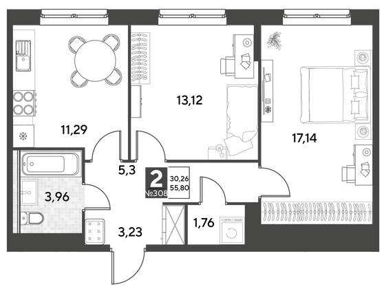 Продажа 2-комнатной квартиры 55,8 м², 16/25 этаж