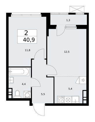 40,9 м², своб. планировка, 7/13 этаж