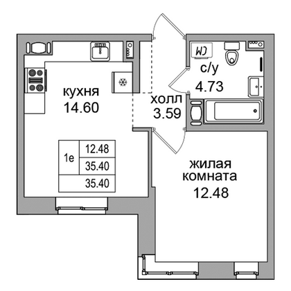 34,9 м², 1-комн. квартира, 1/16 этаж