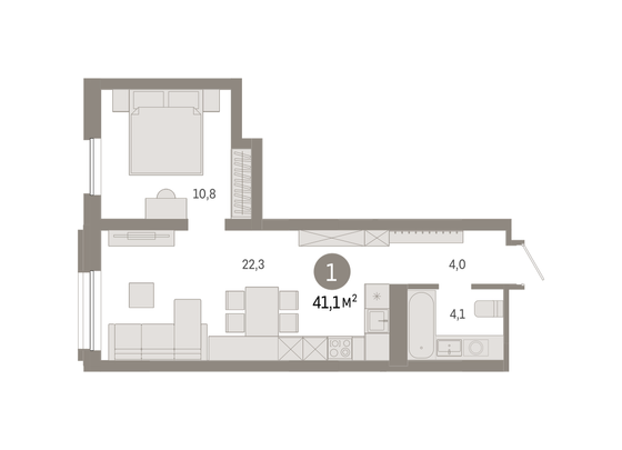 41,1 м², 1-комн. квартира, 2/8 этаж