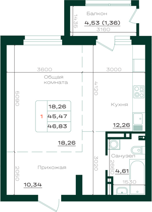 Продажа 1-комнатной квартиры 46,8 м², 11/21 этаж