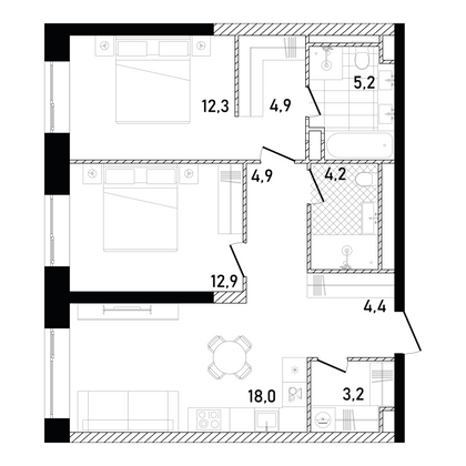 69,9 м², 2-комн. квартира, 3/26 этаж