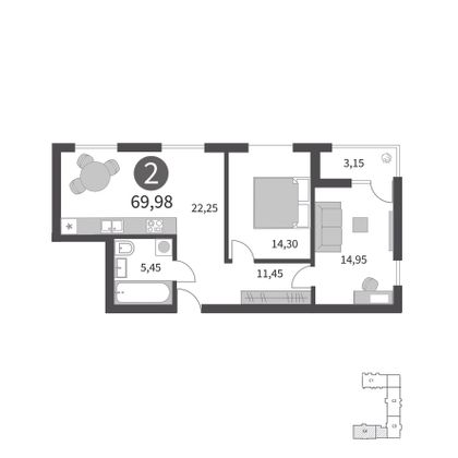 70 м², 2-комн. квартира, 2/15 этаж