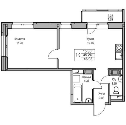 Продажа 1-комнатной квартиры 45,2 м², 9/23 этаж