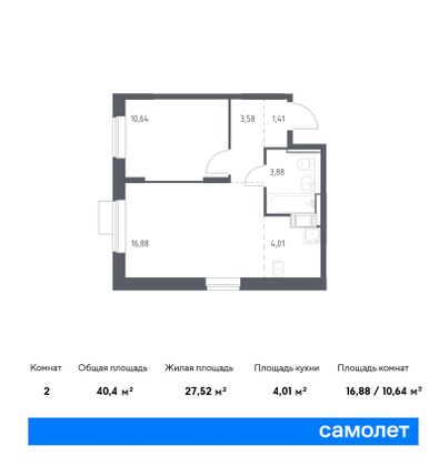 40,4 м², 1-комн. квартира, 6/12 этаж