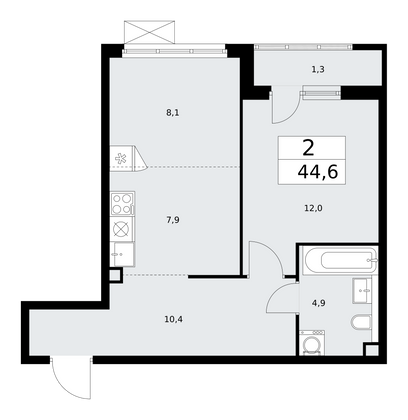 44,6 м², 2-комн. квартира, 2/16 этаж