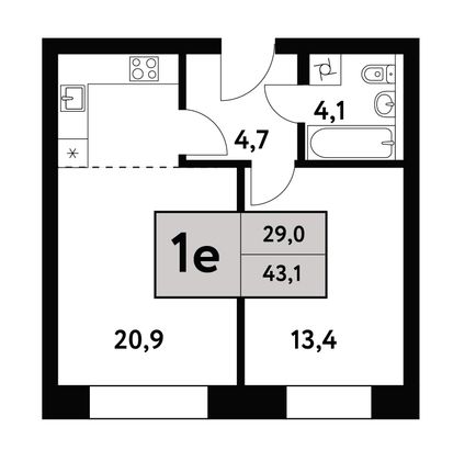 43,1 м², 2-комн. квартира, 21/35 этаж