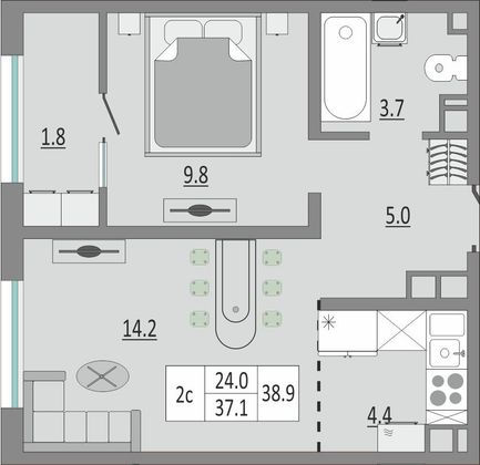 Продажа 2-комнатной квартиры 38,6 м², 12/18 этаж