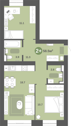 Продажа 2-комнатной квартиры 58,5 м², 2/9 этаж