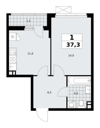 37,3 м², 1-комн. квартира, 3/14 этаж