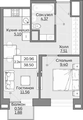 38,5 м², 2-комн. квартира, 2/19 этаж