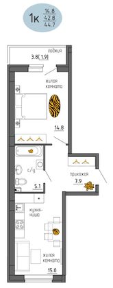 44,7 м², 1-комн. квартира, 1/25 этаж