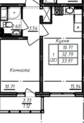 Продажа 1-комнатной квартиры 32,7 м², 2/13 этаж