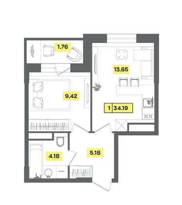 Продажа 2-комнатной квартиры 34,2 м², 2 этаж
