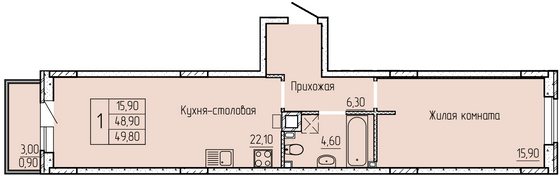 Продажа 1-комнатной квартиры 49,8 м², 2/4 этаж