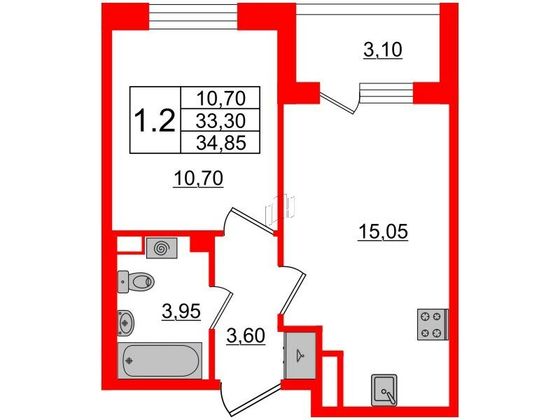 Продажа 1-комнатной квартиры 33,3 м², 3/4 этаж