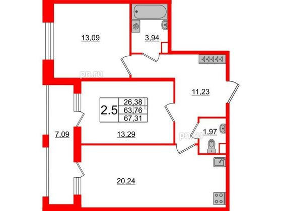 Продажа 2-комнатной квартиры 63,8 м², 1/12 этаж