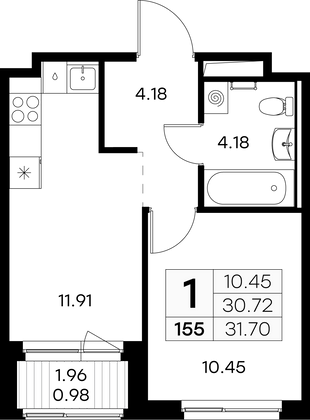 31,7 м², 1-комн. квартира, 3/9 этаж