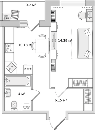 37,9 м², 1-комн. квартира, 3/15 этаж