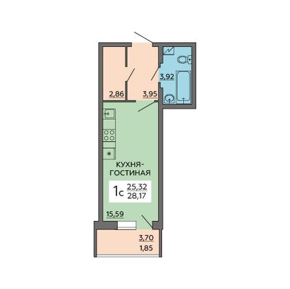 Продажа 1-комнатной квартиры 28,2 м², 2/19 этаж
