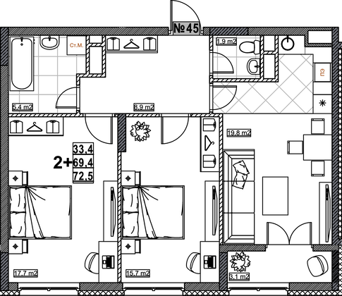 Продажа 2-комнатной квартиры 72,5 м², 6/24 этаж