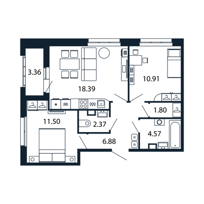 Продажа 2-комнатной квартиры 55,4 м², 1/13 этаж