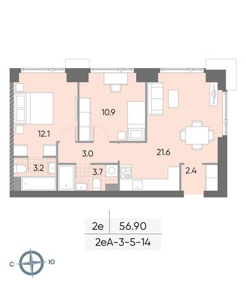 Продажа 2-комнатной квартиры 56,9 м², 10/52 этаж