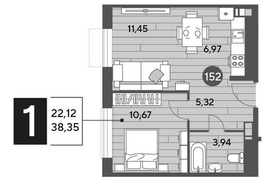 Продажа 1-комнатной квартиры 38,3 м², 6/15 этаж