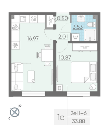 Продажа 1-комнатной квартиры 33,9 м², 1/16 этаж