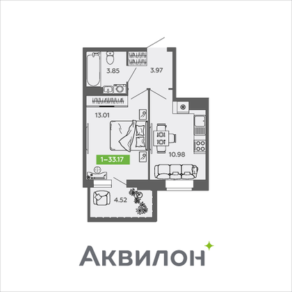 33,2 м², 1-комн. квартира, 2/9 этаж