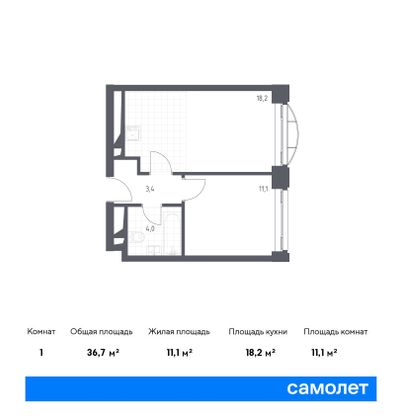 36,7 м², 1-комн. квартира, 6/24 этаж