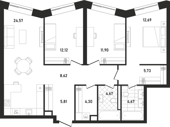 95,4 м², 3-комн. квартира, 4/33 этаж