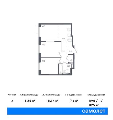 Продажа 3-комнатной квартиры 51,8 м², 2/12 этаж