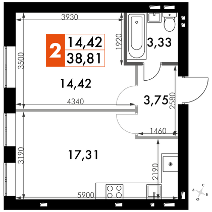 38,8 м², 1-комн. квартира, 4/4 этаж