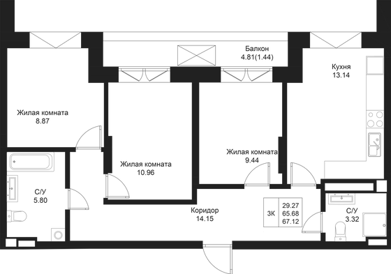 67,1 м², 3-комн. квартира, 5/5 этаж