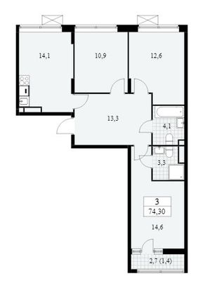 Продажа 3-комнатной квартиры 74,3 м², 10/15 этаж