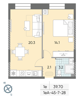 Продажа 1-комнатной квартиры 39,7 м², 27/28 этаж