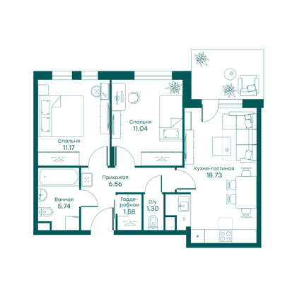 54,8 м², 3-комн. квартира, 1/5 этаж