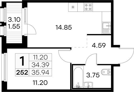 35,9 м², 1-комн. квартира, 12/15 этаж