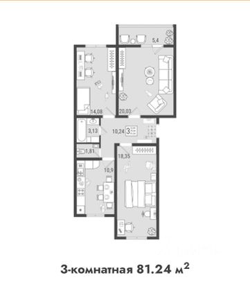 81,3 м², 3-комн. квартира, 3/9 этаж