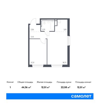 44,4 м², 2-комн. квартира, 4/12 этаж