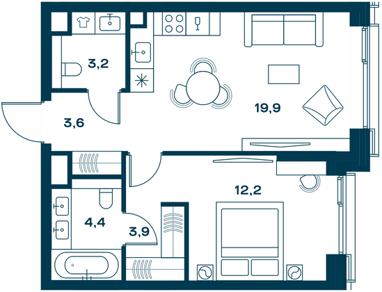 47,2 м², 1-комн. квартира, 8/25 этаж