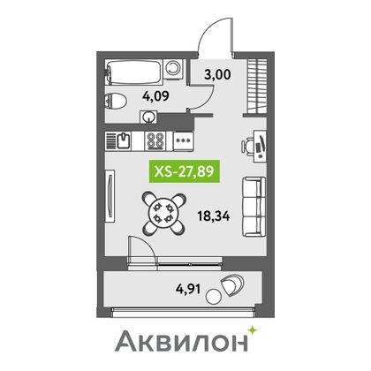 27,9 м², студия, 9/12 этаж