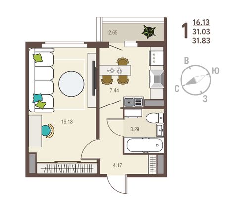 31,8 м², 1-комн. квартира, 10/17 этаж