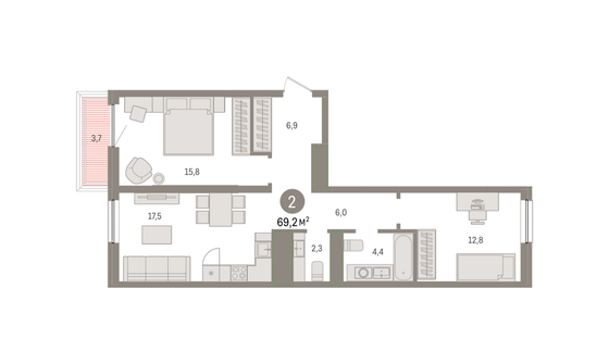 69,2 м², 2-комн. квартира, 6/8 этаж