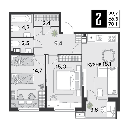 Продажа 2-комнатной квартиры 70,1 м², 5/9 этаж